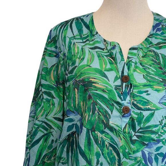 J. Jill Tropical Shirred Toile Top Womens Medium Petite Blue Green Oversized - Picture 3 of 11